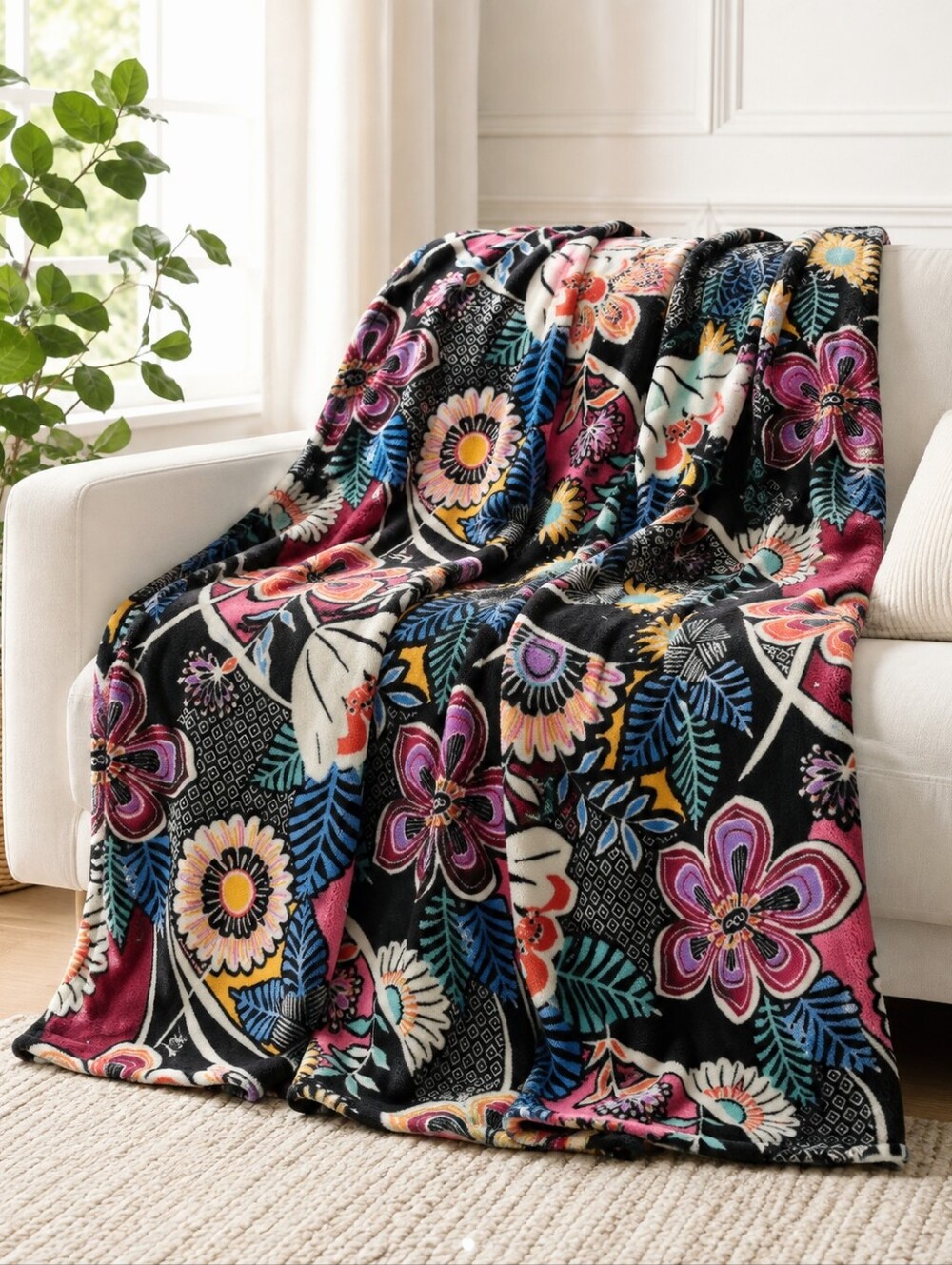Vera Bradley plush floral throw blanket black multicolor cozy soft fleece
